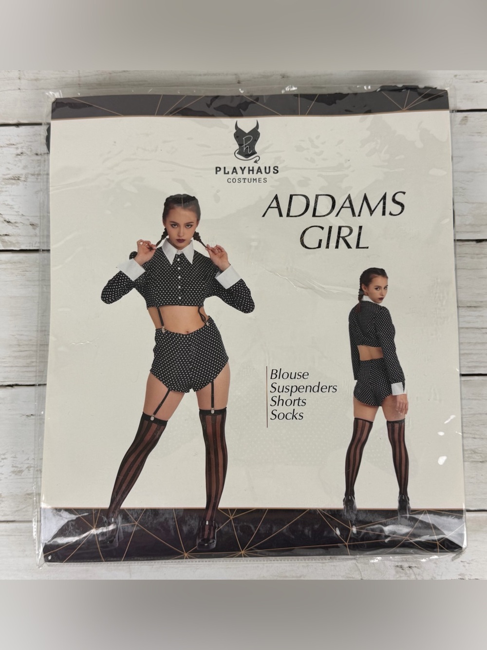 Playhaus Costumes "Addams Girl" Costume Outfit Large Suspenders Blouse Shorts
